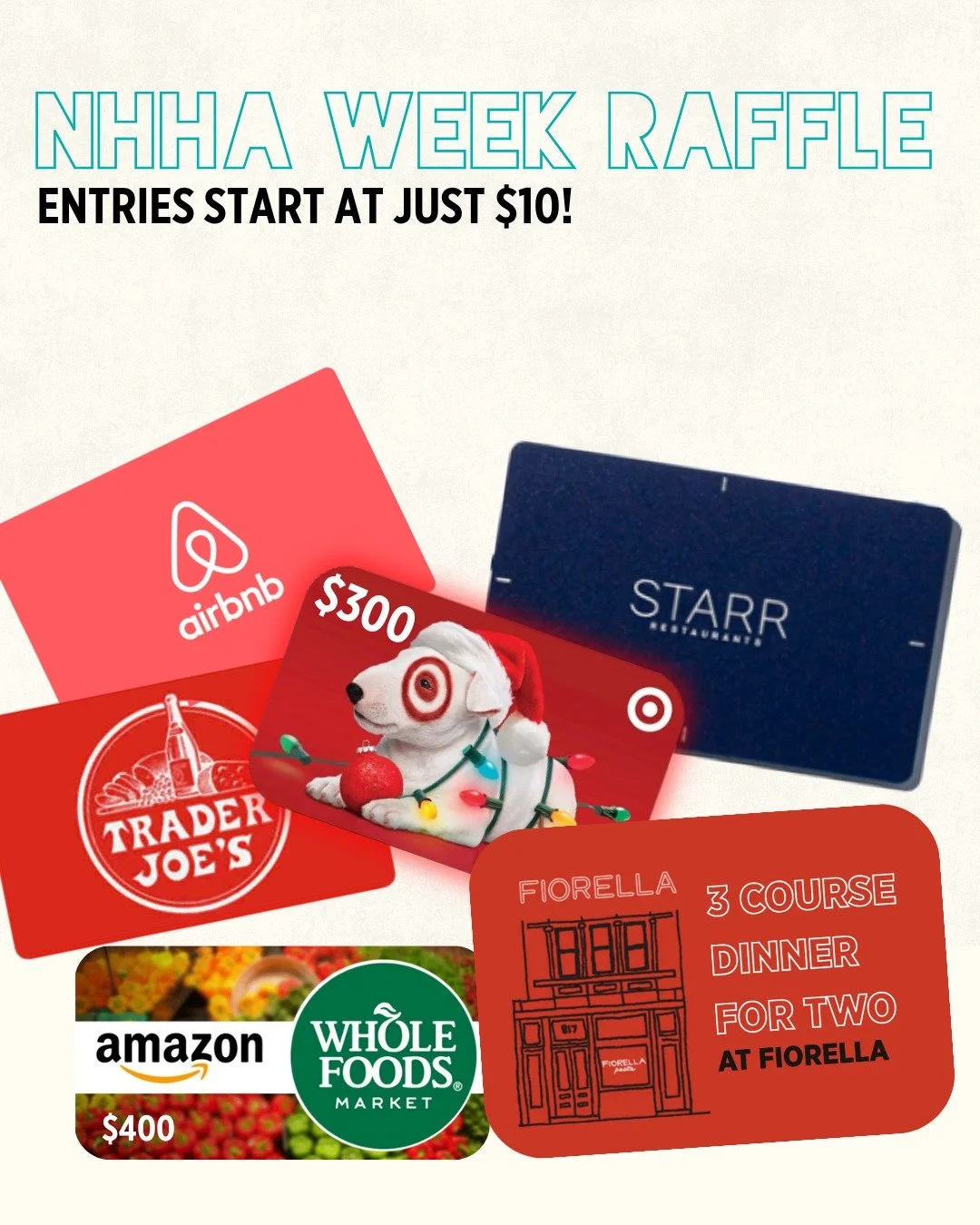 Our HHA Week Raffle is live! Visit the link in our bio and purchase entries for just $10 for your chance to win some amazing prizes, like dinner for two at @Fiorellaphilly, $200 at Airbnb, and more! Winners will be announced on the 24th