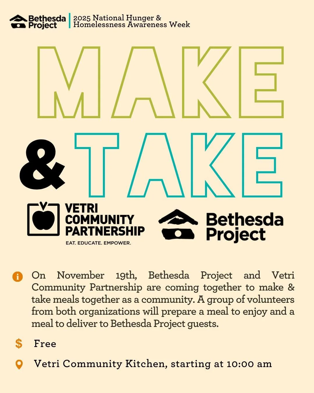 Bethesda Project is once again teaming up with our friends @vetricommunity for our second Make &amp; Take event! All are invited to participate in Vetri&rsquo;s Teaching Kitchen, where we will prepare a meal to enjoy as a group and a meal to deliver 