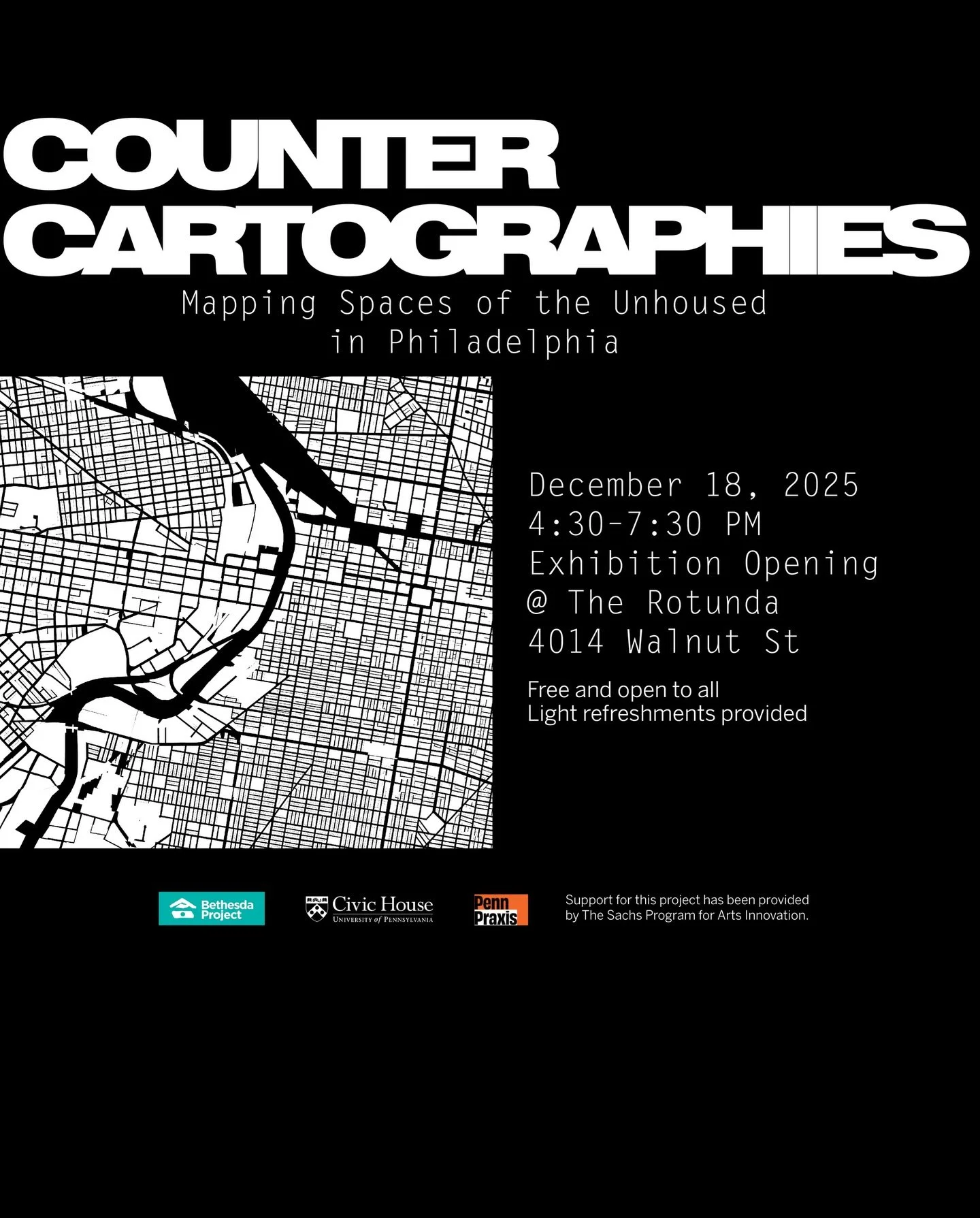 Join us on December 18th at the Rotunda from 4:30 - 7:30 pm for a reception and celebration of community art project, Counter Cartographies: Mapping Spaces of the Unhoused in Philadelphia. This free event will feature light food and refreshments! 

#