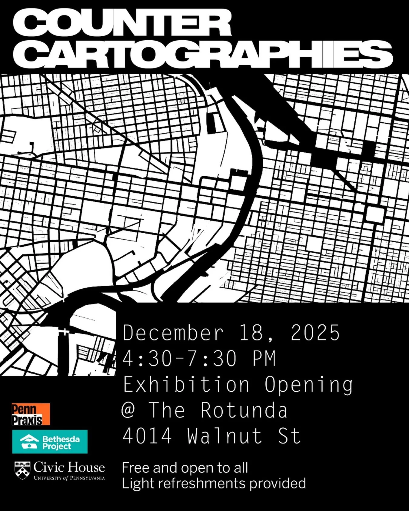 THIS THURSDAY!! Join us at the Rotunda from 4:30 - 7:30 pm for a reception and celebration of community art project, Counter Cartographies: Mapping Spaces of the Unhoused in Philadelphia. This free event will feature light food and refreshments! 

#a