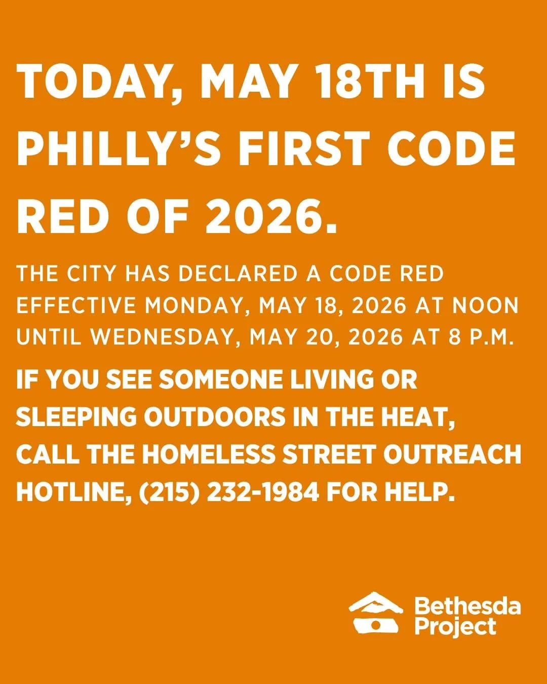 Summer temperatures are here, and as it approaches 100 degrees over the next two days, the City has declared a Code Red until Wednesday, May 20th, at 8:00 pm. During this time, take care of each other, check on your neighbors, call the outreach team 