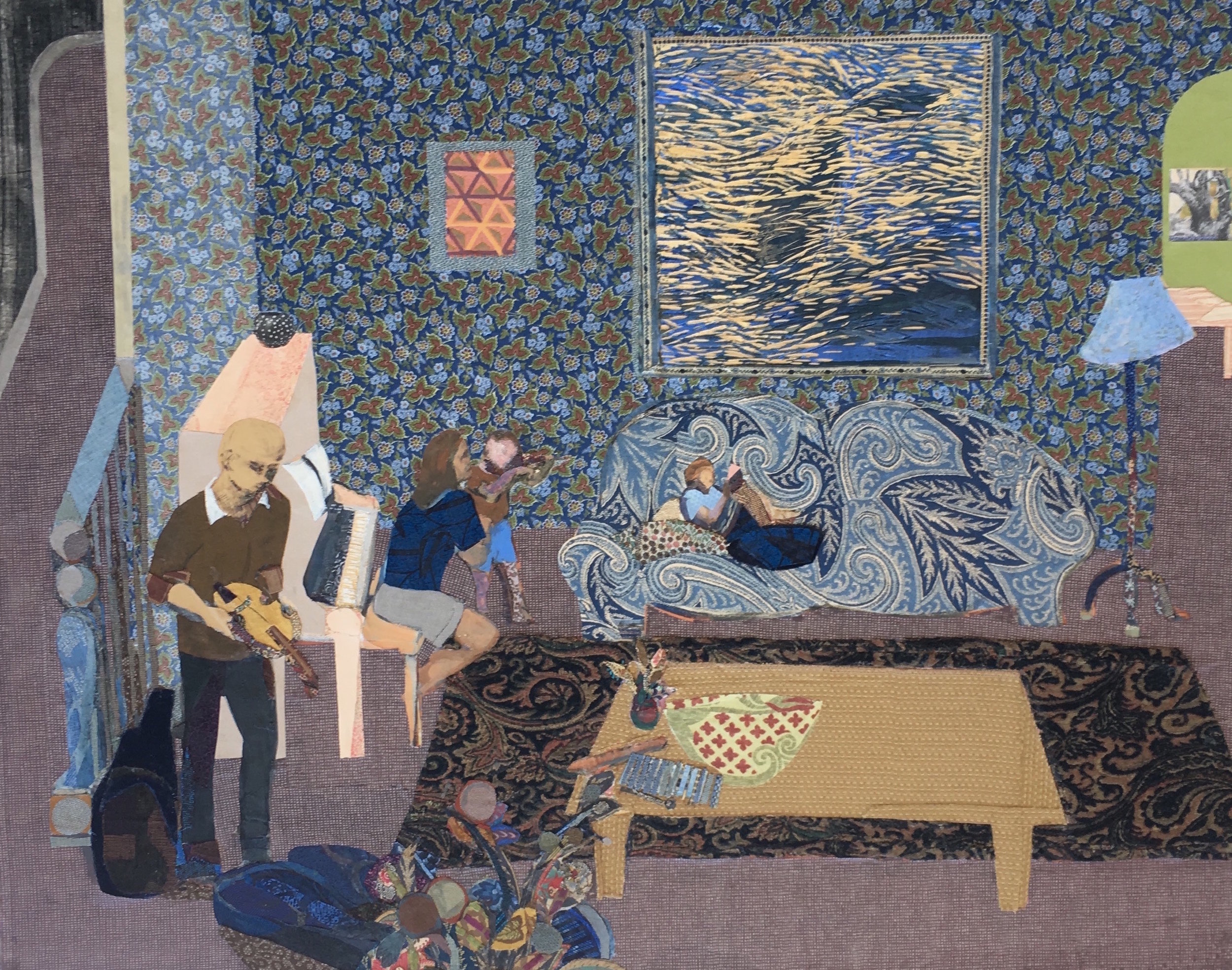 Music and Melville (Family Group) , 2016, mixed media on panel, 46.5 x 56.5 x 2.75 inches