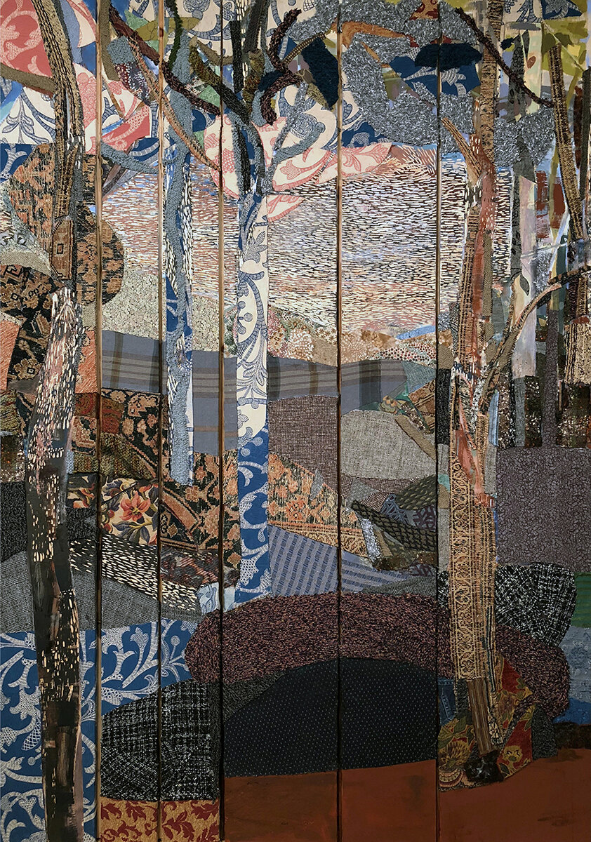   Forest Elegy , 2018, mixed media and fabric on carved wood panels, 84 x 59 x 2 inches 