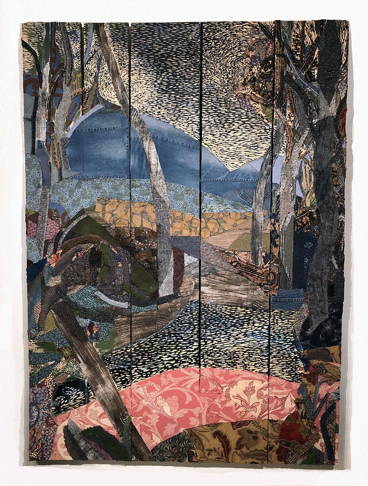   Gyre , 2019, mixed media and fabric on carved wood, 72 x 52 x 2 inches   