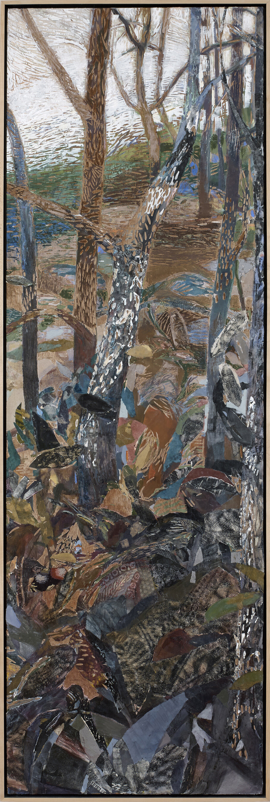   Understory , mixed media on carved wood panel, encaustic, 84 x 27.5 x 2.25 inches. Collection of Swarthmore College/ Underhill Music Library 