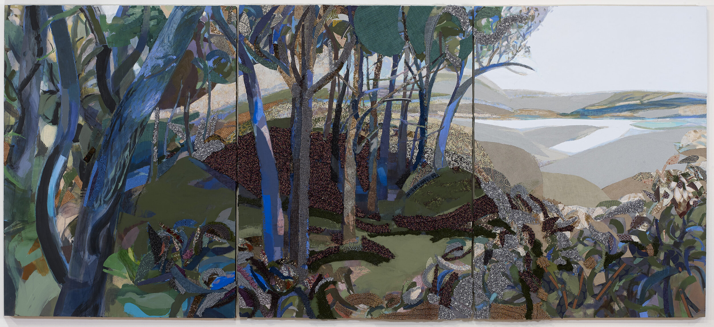   Piney Wetlands , 2016, mixed media on panel, 48 x 108 in. Private Collection. This work was inspired by Chincoteague National Wildlife Refuge 