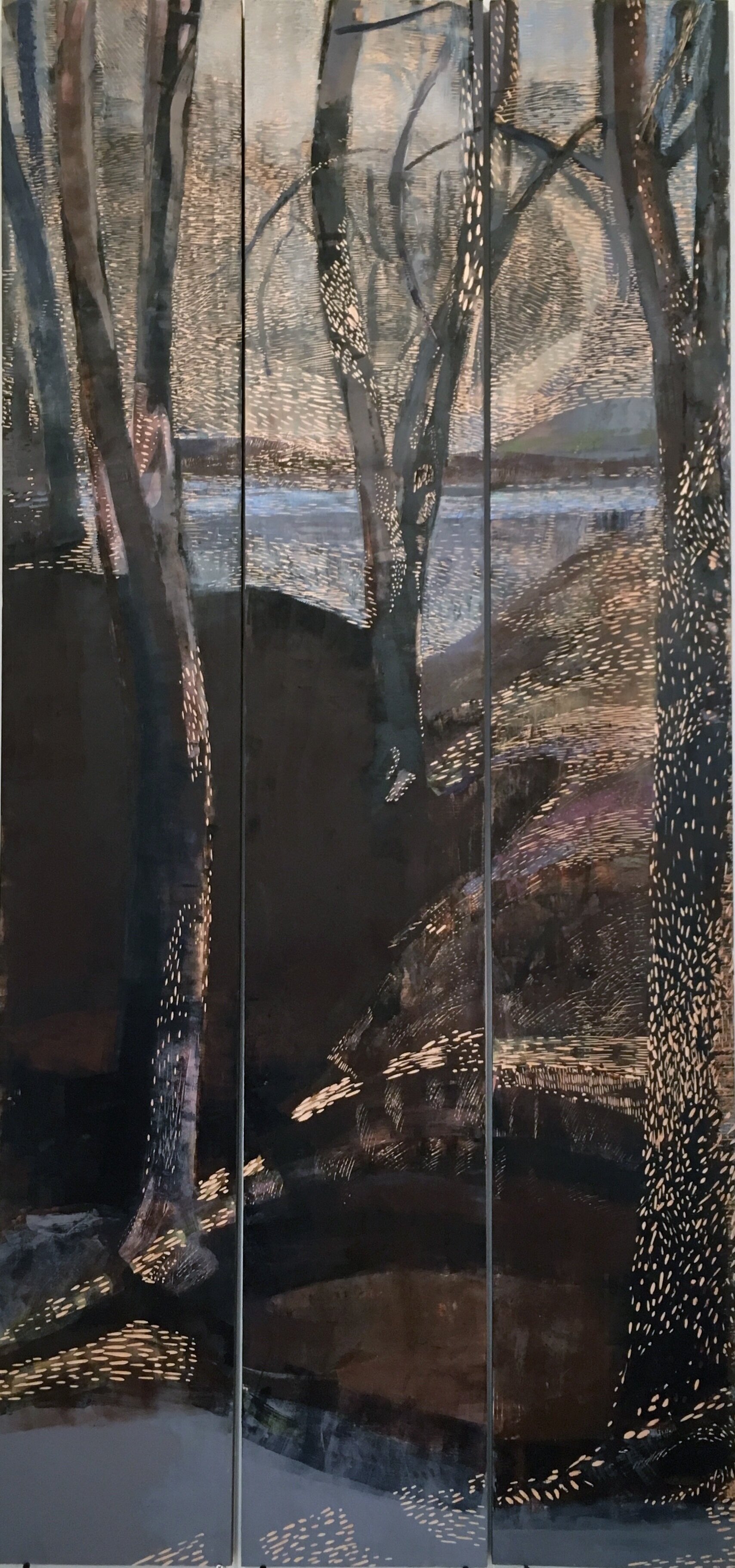   Grove at Twilight , 2016, mixed media on carved and inked wood, 72 1/8 34 1/8 inches. 