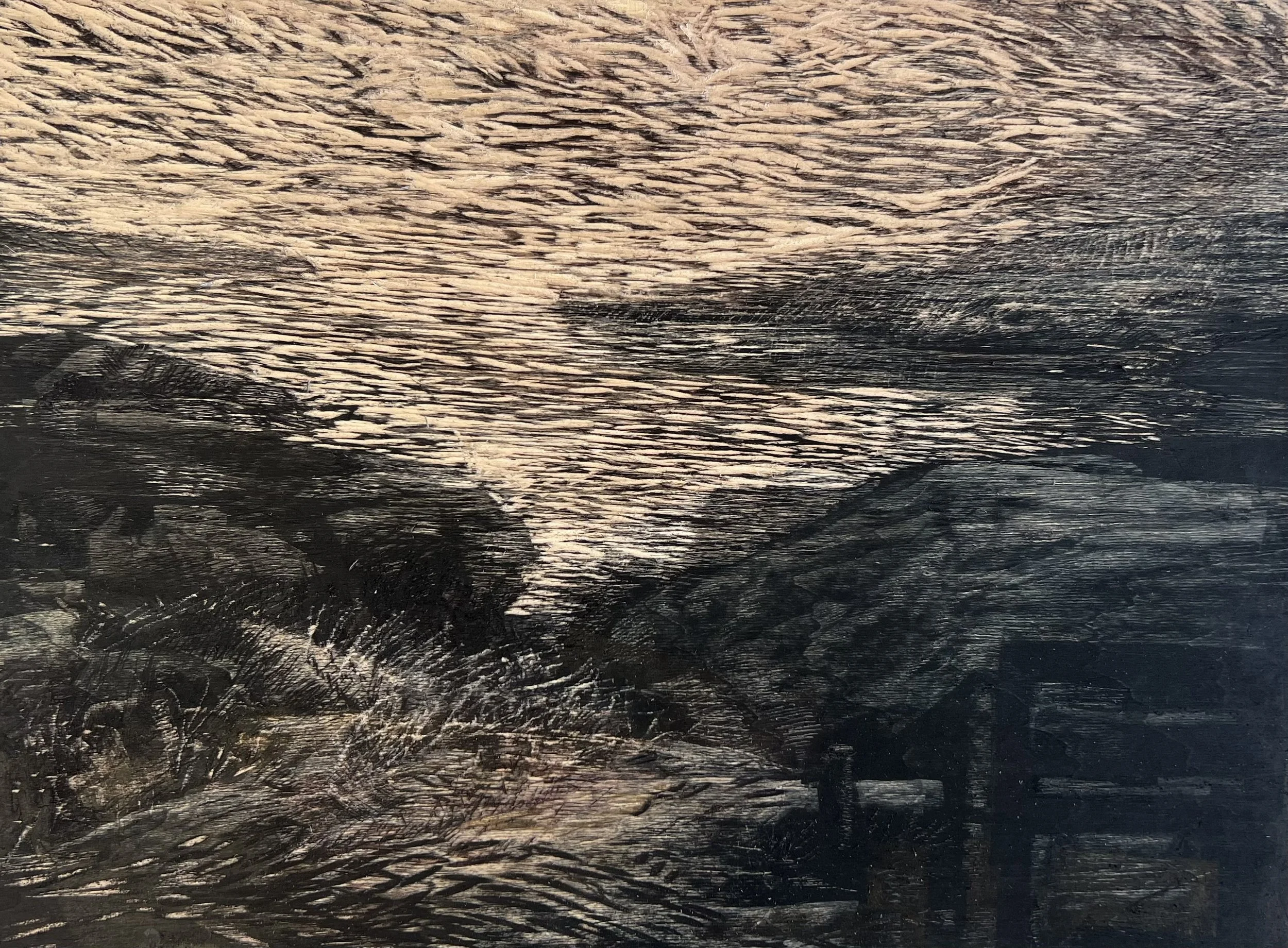 2.TwilightNearDownpatrick.mixed media on carved wood. 11.5 x16.inches13.375x17.5 fr.jpg