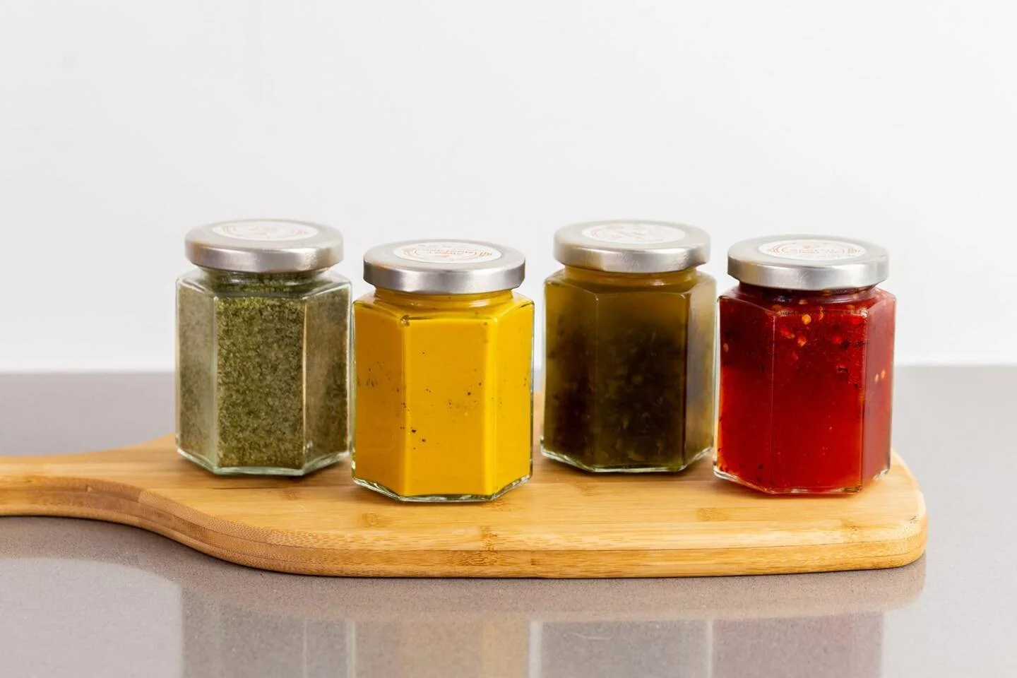 Bored of the same condiments with your meals, why not try a selection of our most popular sauces, salts and jams. We chose our customers favourite accomplishments from the restaurant and bottled them up. From the left (pictured) Herb Salt, Sweet Must