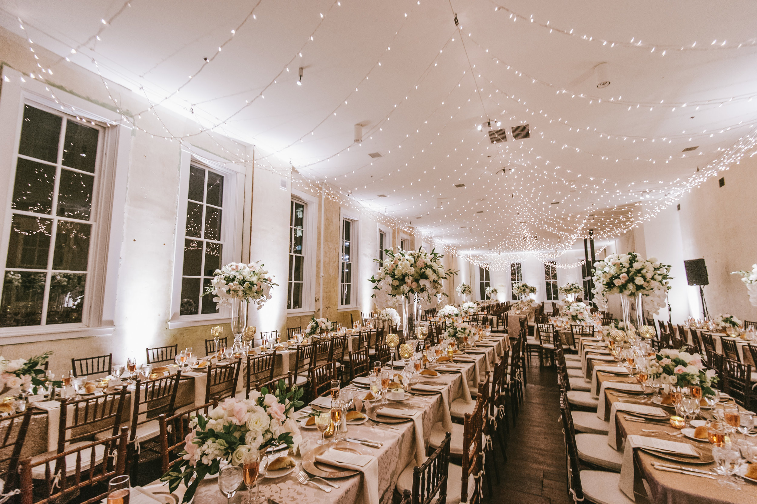 Elegant and extravagant wedding dinner set up in Empire Room of Excelsior wedding venue
