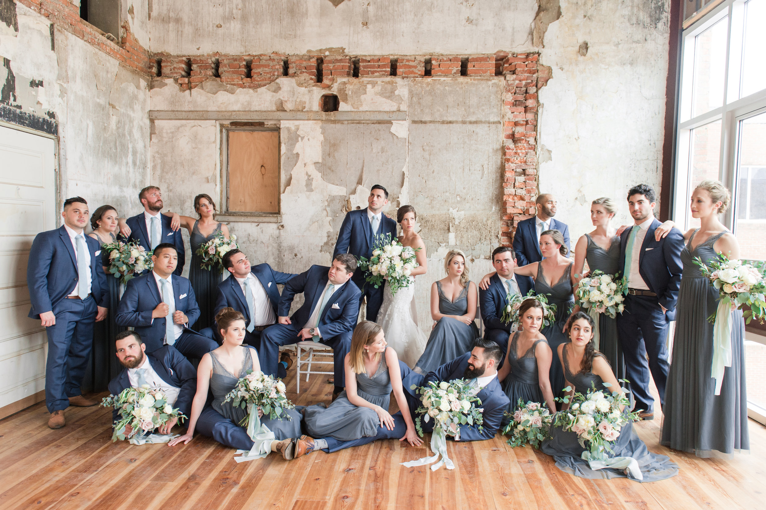 Bridal party in historic rustic room