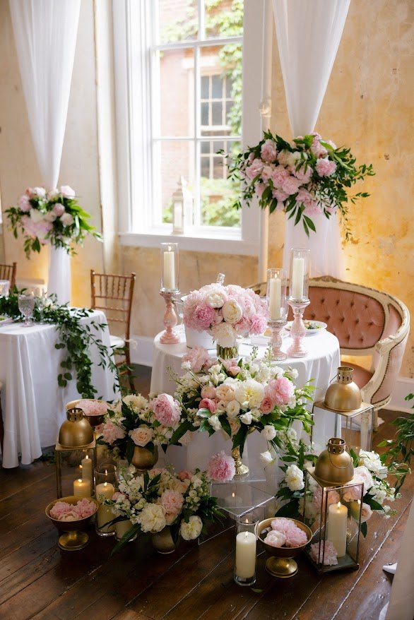 Sweetheart table surrounded by pink and white flowers and candles