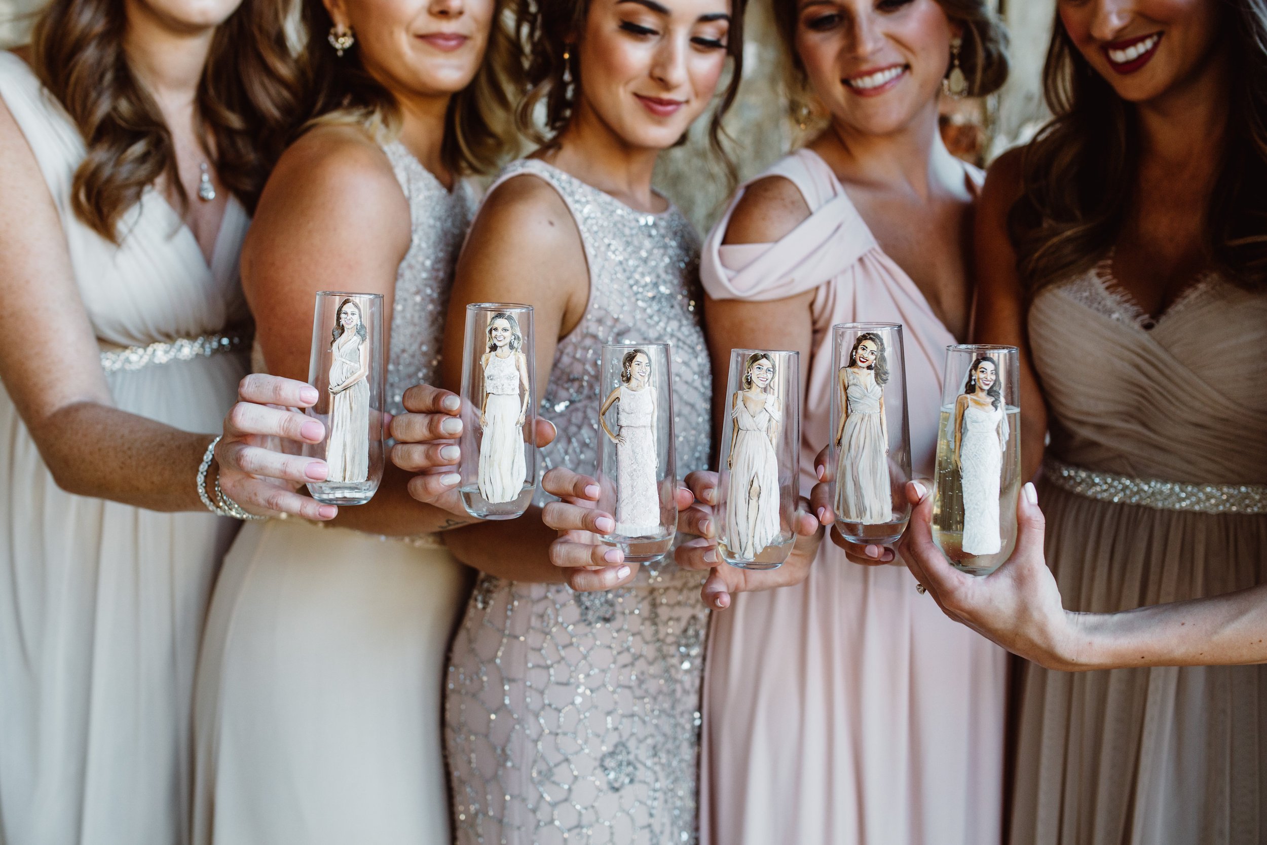 Bridesmaids and bride with matching champagne flutes
