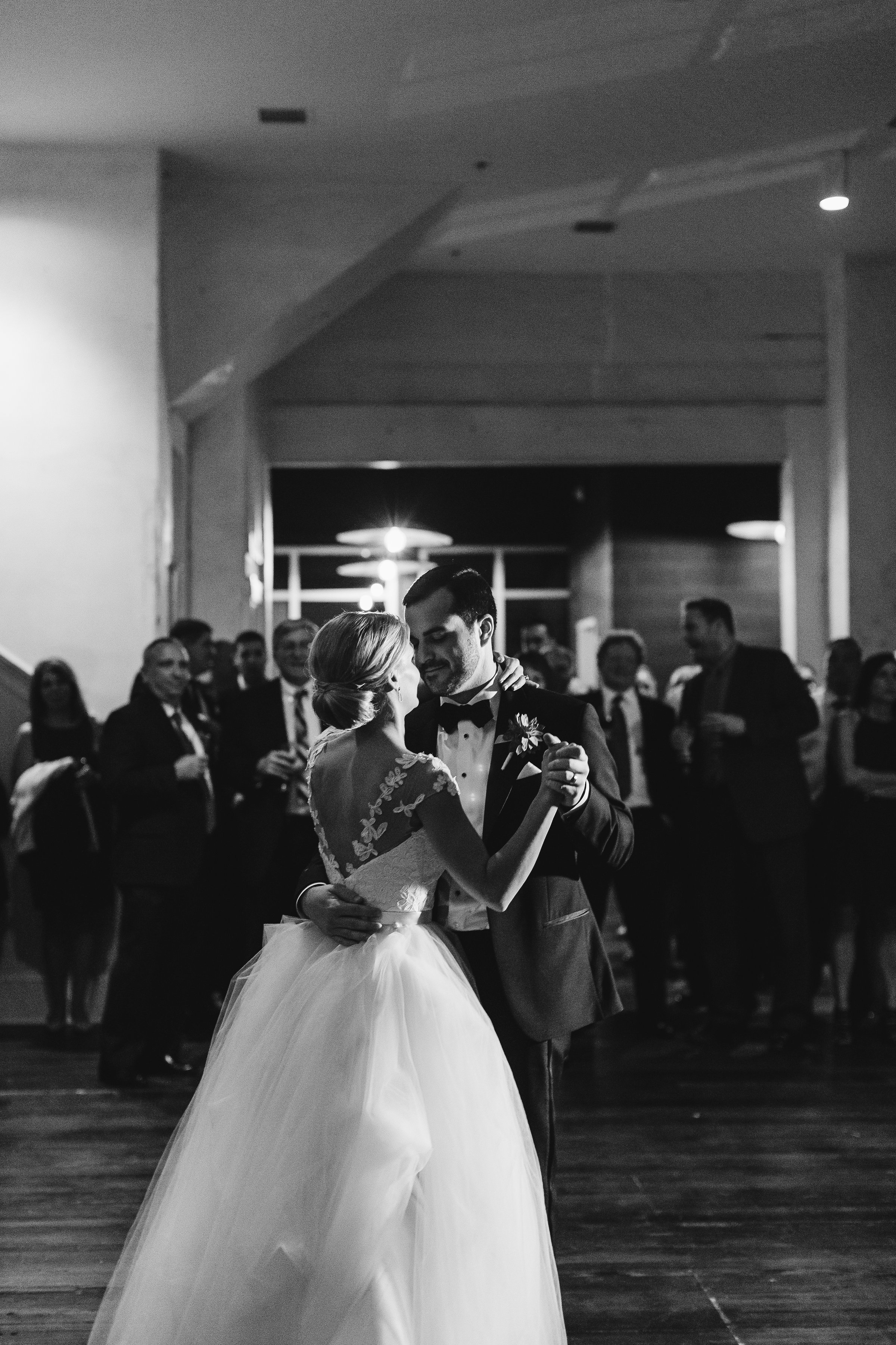 Dance floor with bride and groom black and white