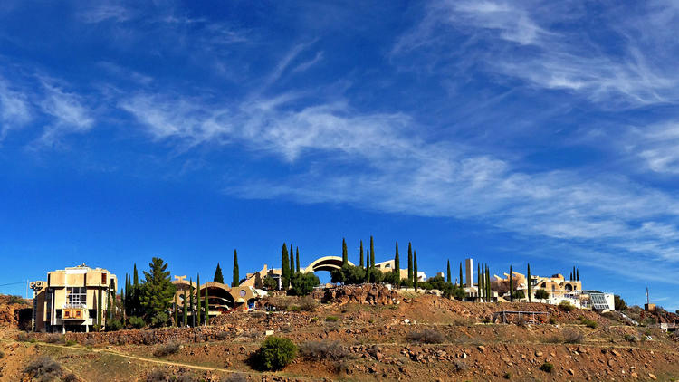 The experimental town of Arcosanti, located in central Arizona, looks much the same today as it did shortly after most of its buildings were designed by architect Paolo Soleri and constructed in the 1970s. (Sam Lubell / Los Angeles Times)