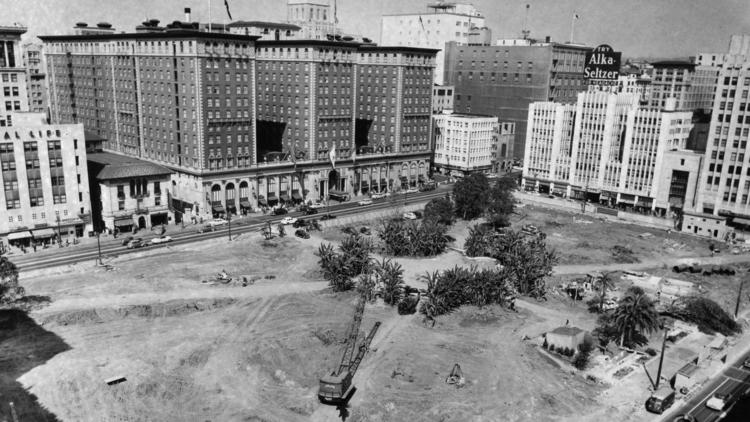 A 1951 photo of Pershing Square shows the clearing it underwent to construct an underground parking garage. (Los Angeles Times)