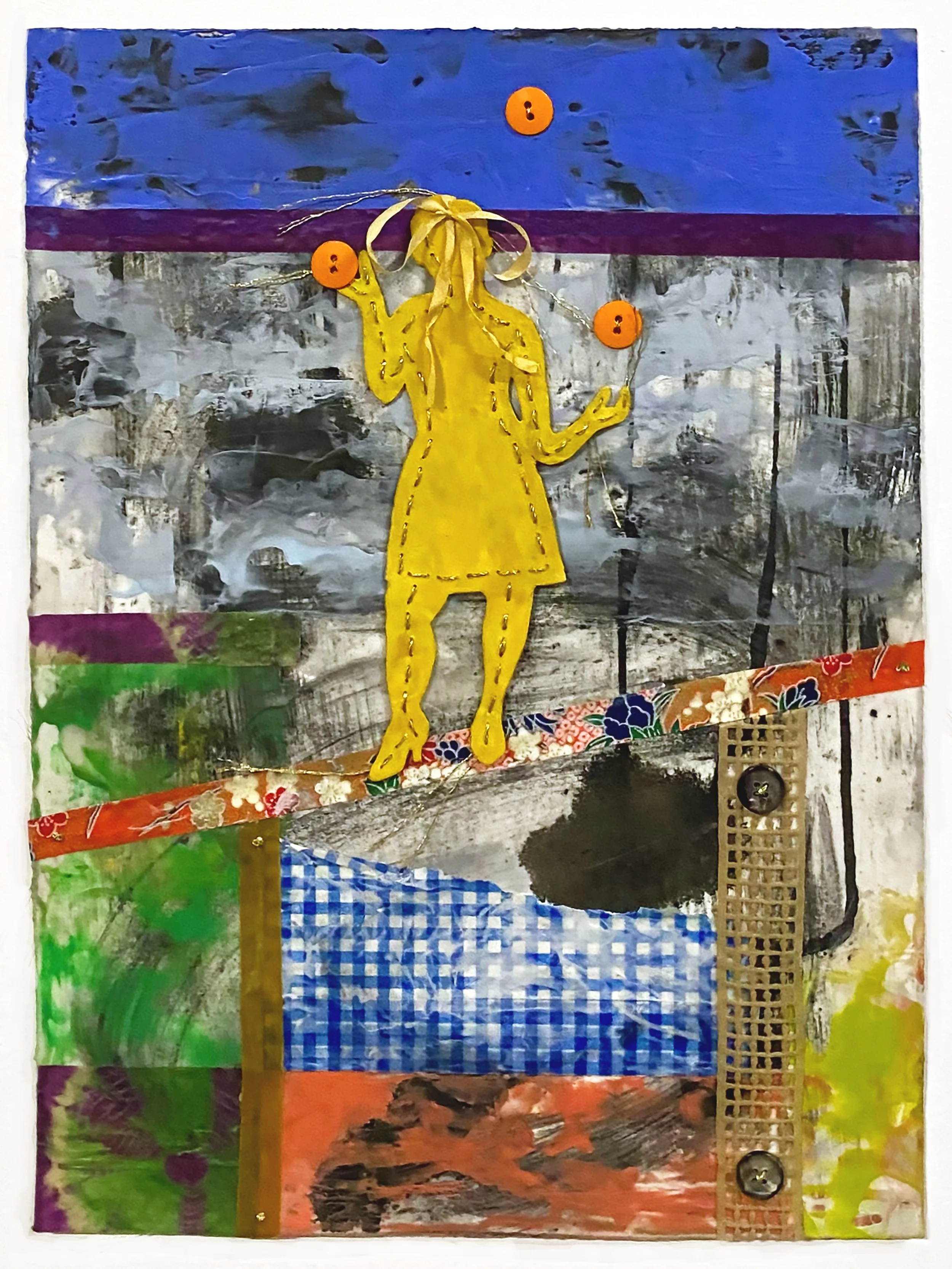 Tightrope Series Juggling Act Encaustic, thread, Silk, Mixed Media on Paper 15%22 x 11%22 2024.jpg