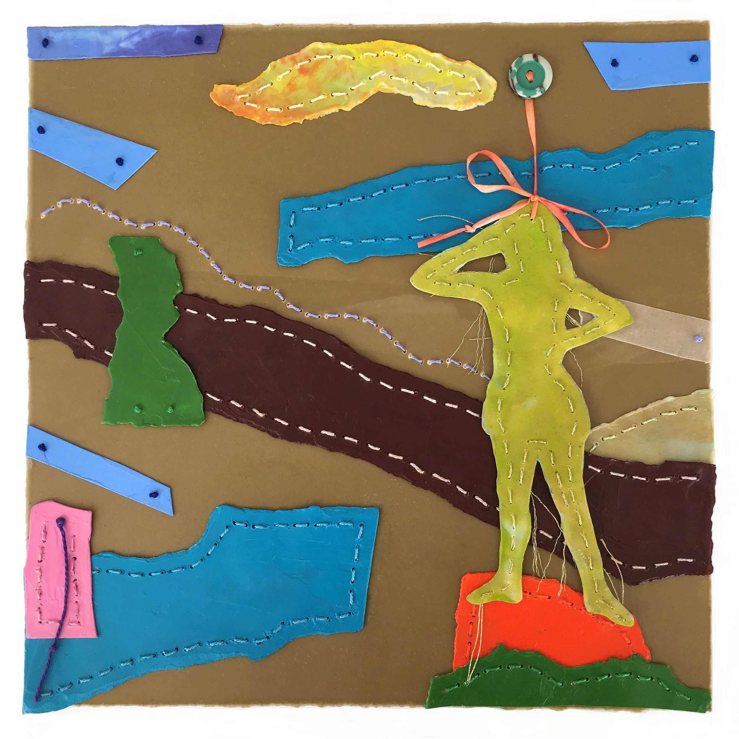 Daily Iconography Series 9 Overlook Encaustic, Button. Ribbon, Thread on Paper 12%22 x 12%22 2018.jpg