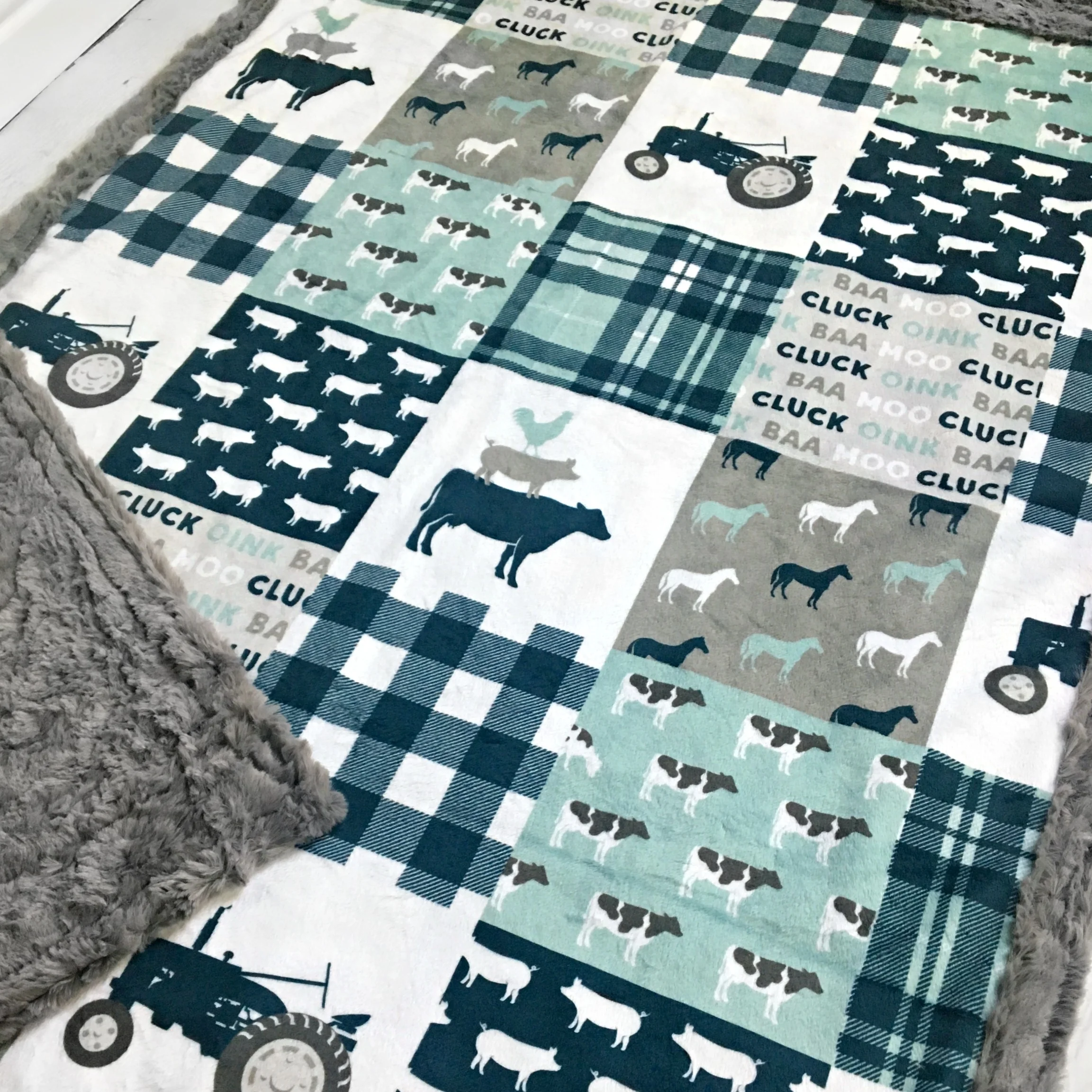 Luxe double minky blanket handmade by TheDesignerMinkyCo. using the Farmlife design.