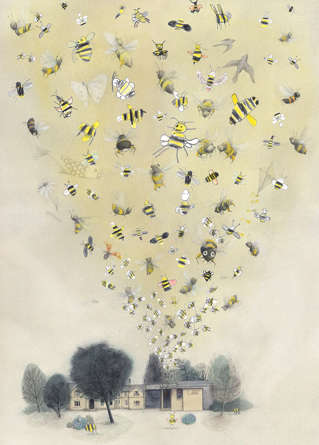 Here’s the lovely updated Museum illustrated again along with some of the bees that live there… (Children from Class 1B at The Tyrrells’ School helped me make the picture, too).