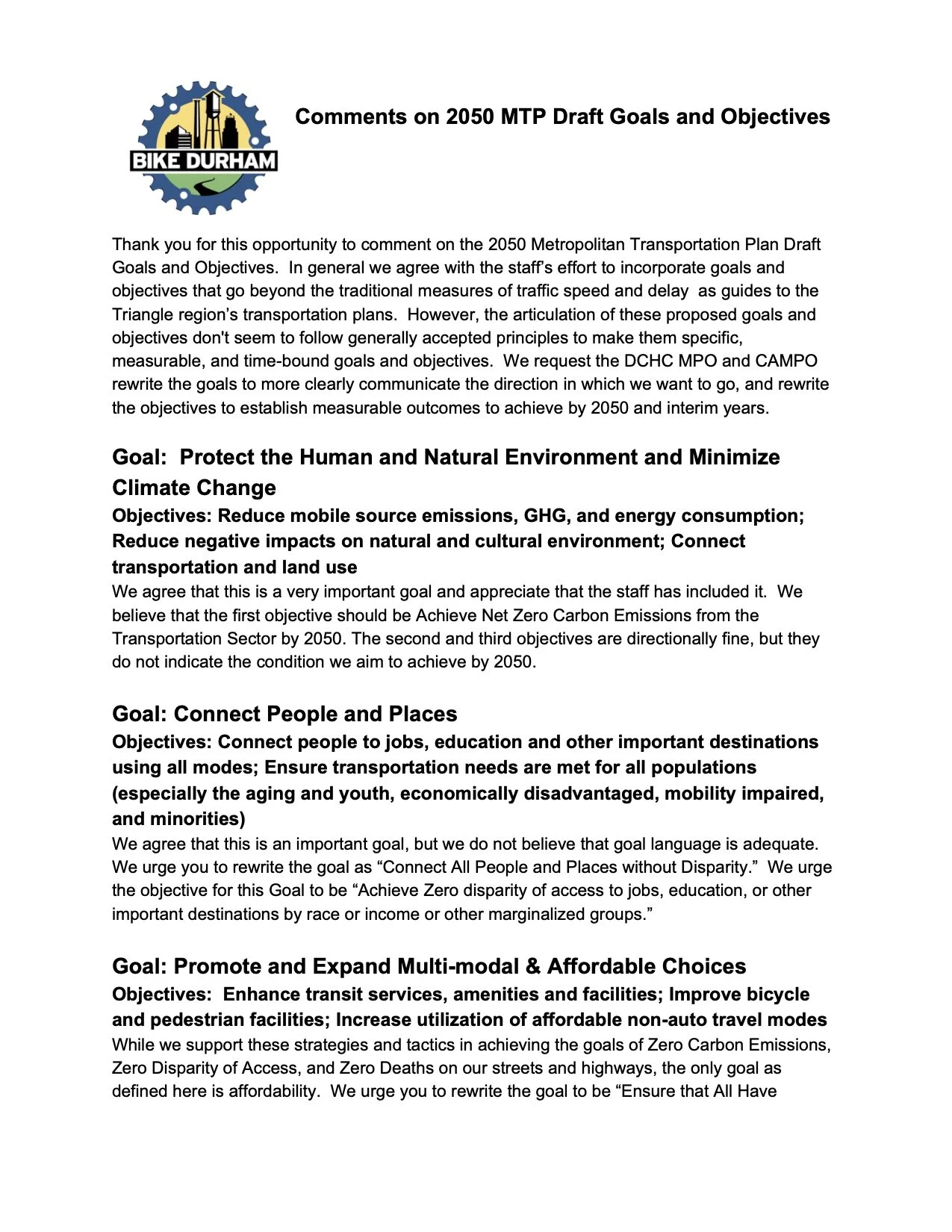 Our Comments on the 2050 MTP Draft Goals and Objectives