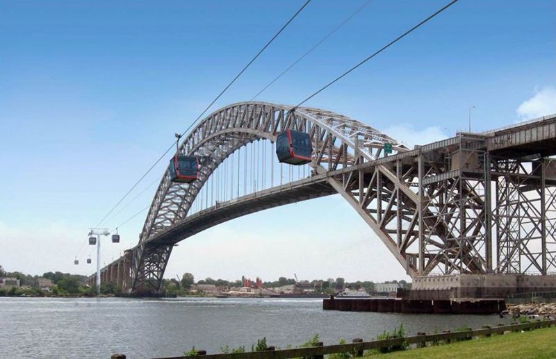 Aerial trams moving along the Bayonne Bridge. Courtesy of Leitner-Poma of America