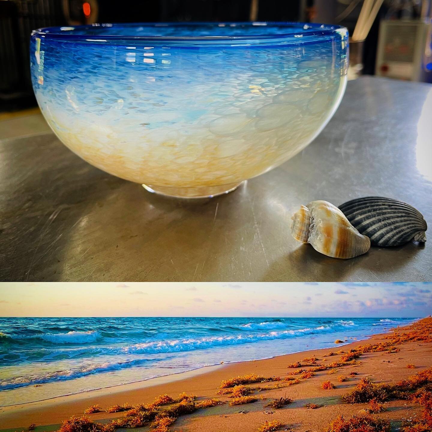 Ocean series #lifesabeach #inspired #oceanglass #nhmade #oneofakind #funktional #bowls #saladbowl #freshoutoftheoven #glassofinstagram #hotglassartcenter www.hotglassartcenter.com