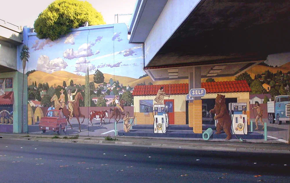Project: Revisionist History, 80 Underpass, Richmond 1991-1995 restored multiple times-again in 2008 Media: Keim silicates Dimensions: Varies over many larger walls Location: San Pablo Avenue, 80 Underpass,