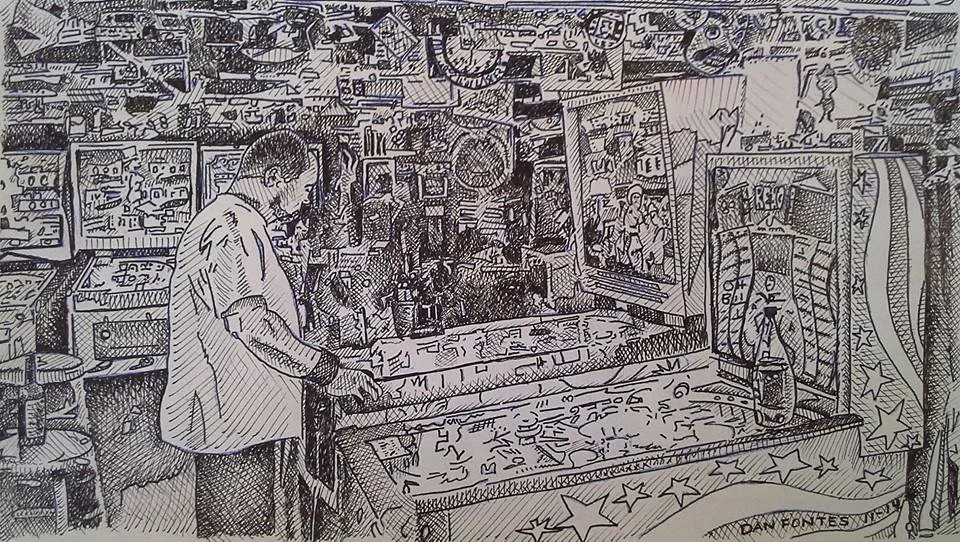 Title: Germ in Mac's Basement, Berkeley 11-14 Media: Pen and Ink Dimensions: 6" x 11" Collection of: Jeremy Travis, Livermore