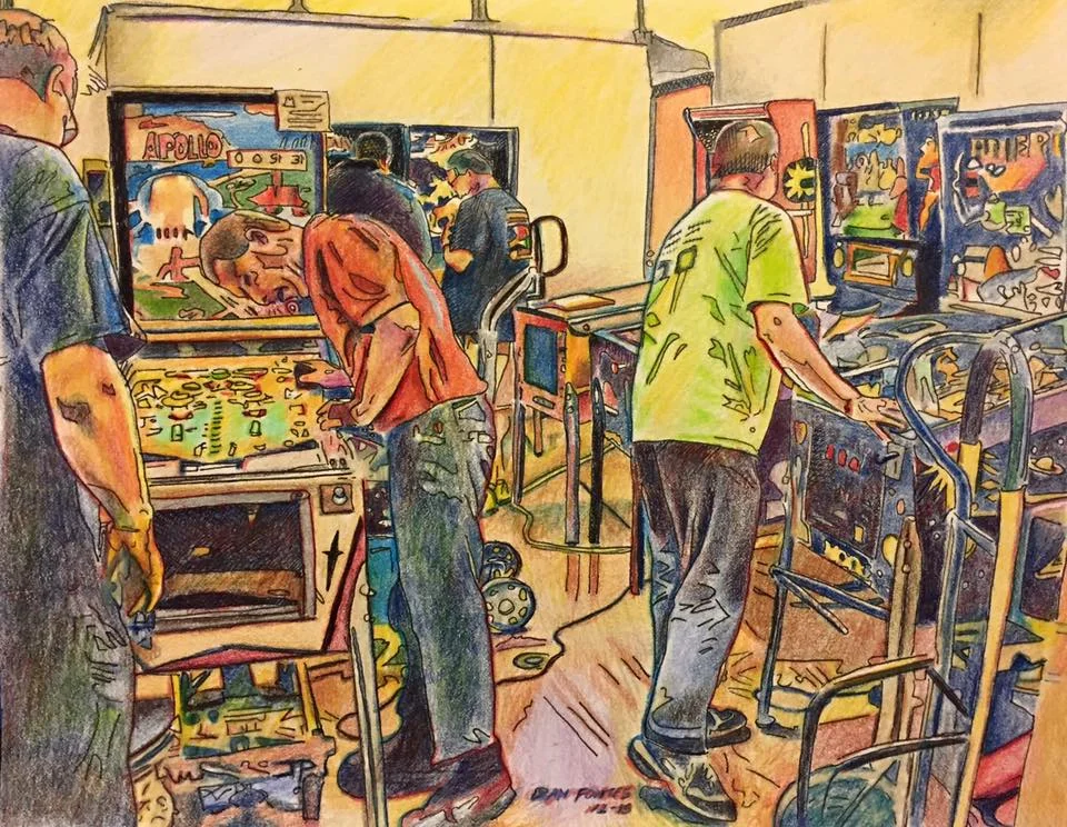 Title: Pinball repair crew, Pinagogo show, Dixon 12-15 Media: Prismacolors Dimensions: 8" 11" Collection of: Shon Dolcini