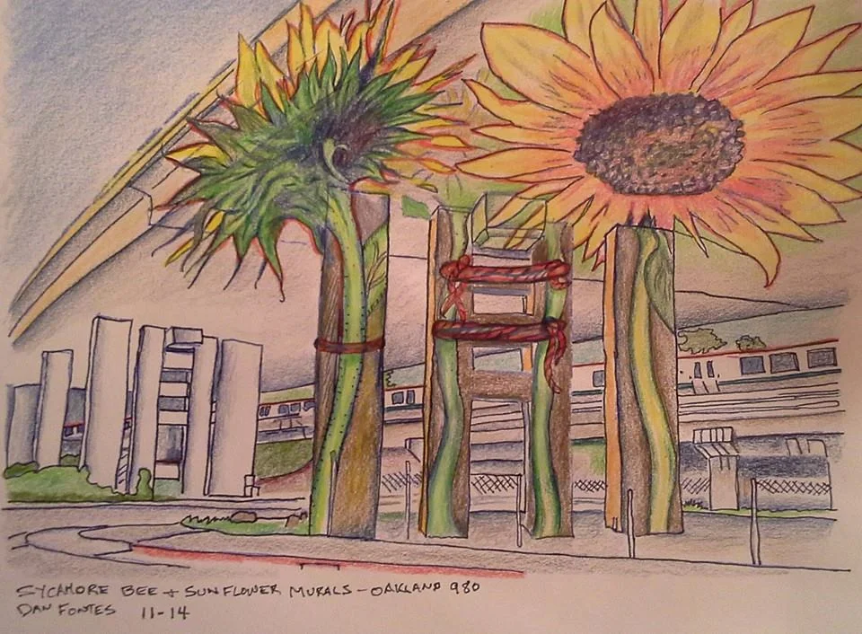 Title: Sycamore Bee and Sunflower Murals, Oakland 980 11-14 Media: Prismacolors Dimensions: 8" x 11" Collection of: The Artist