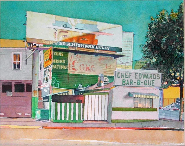 Title: Chef Edwards BBQ-San Pablo and 20th Streets, Oakland 6-2001 Media: Watercolor Dimensions: 8" x 11" Sold