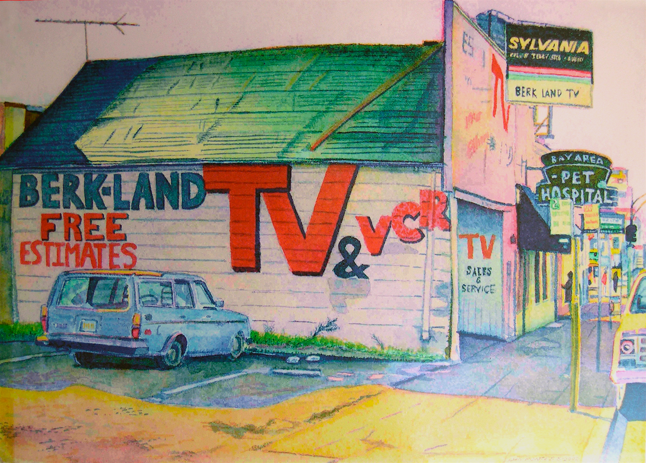 Title: Berk-Land TV, Broadway & 51st, Oakland 2002 Media: Watercolors Dimensions: 8" x 11" Collection of: Stephanie Russell, New York
