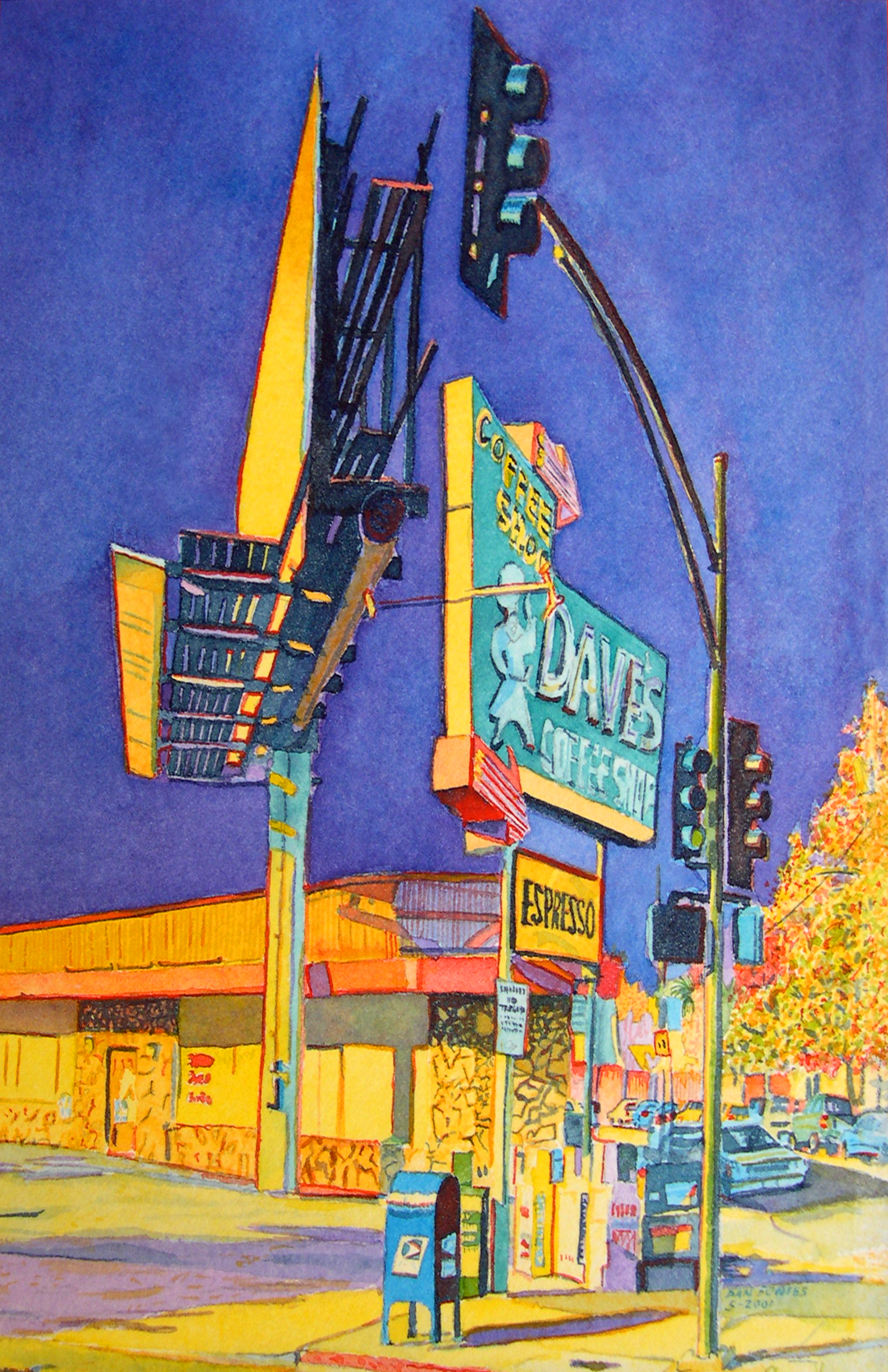 Title: Dave's Coffee Shop, Broadway, Oakland 2001 Media: Watercolors Dimensions: 8" x 11" Collection of: The Artist