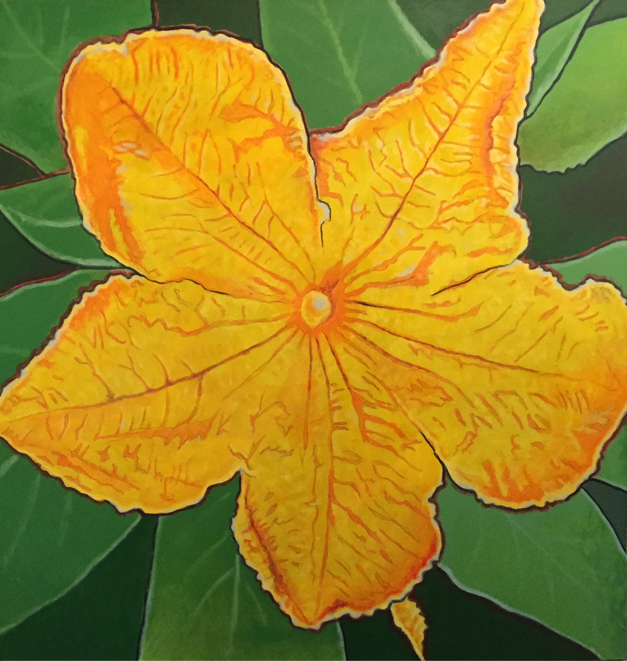 Title: Pumpkin Flower-2013 Media: Acrylics on MDO board Dimensions: 48" x 48" Collection of The Artist