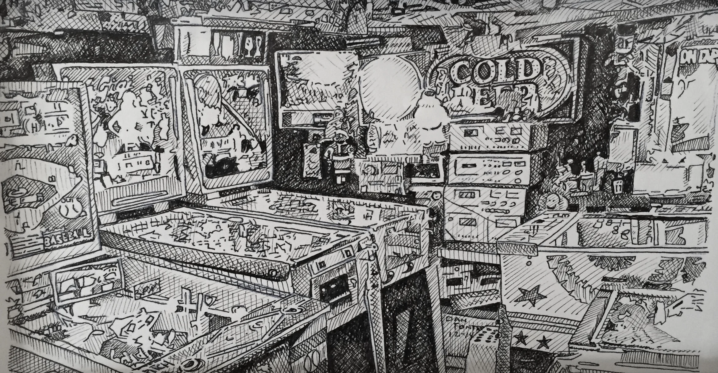 Title: "Mac's Basement" 12-14 Media: Pen and Ink Dimensions: 8" x 11" Collection of: Kristi Holohan, Oakland