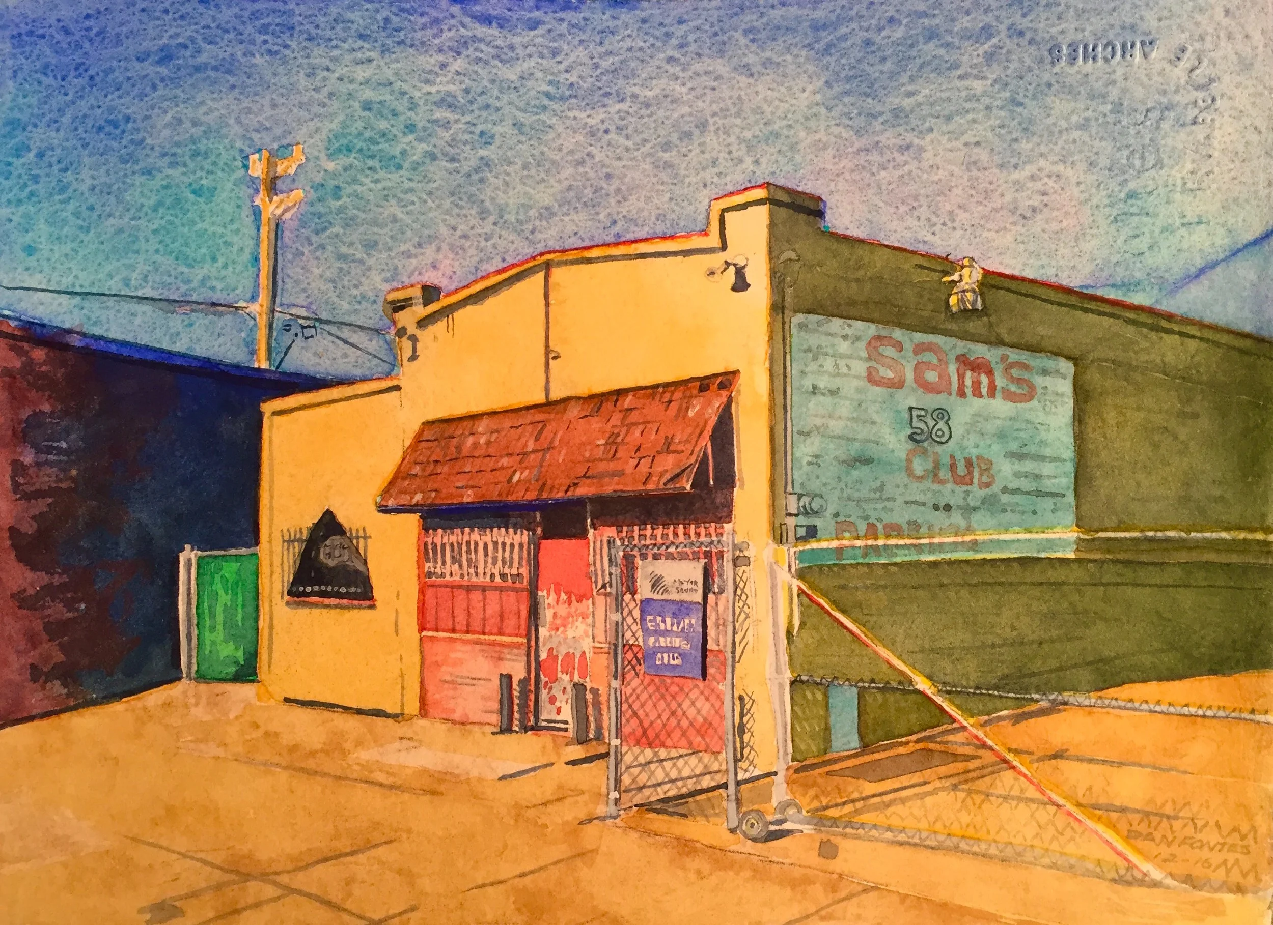 Title: Sam's 58 Club Media: watercolors Dimensions: 8.5" x 11" Collection of the Artist