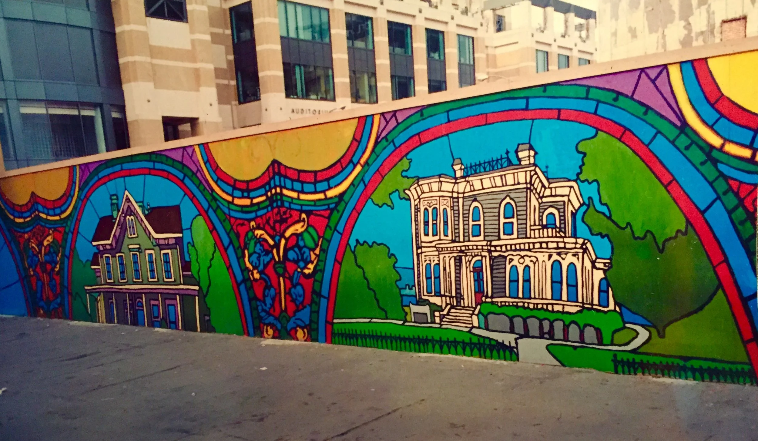 Paintings of DeFremery Park alongside Cameron Stanford House