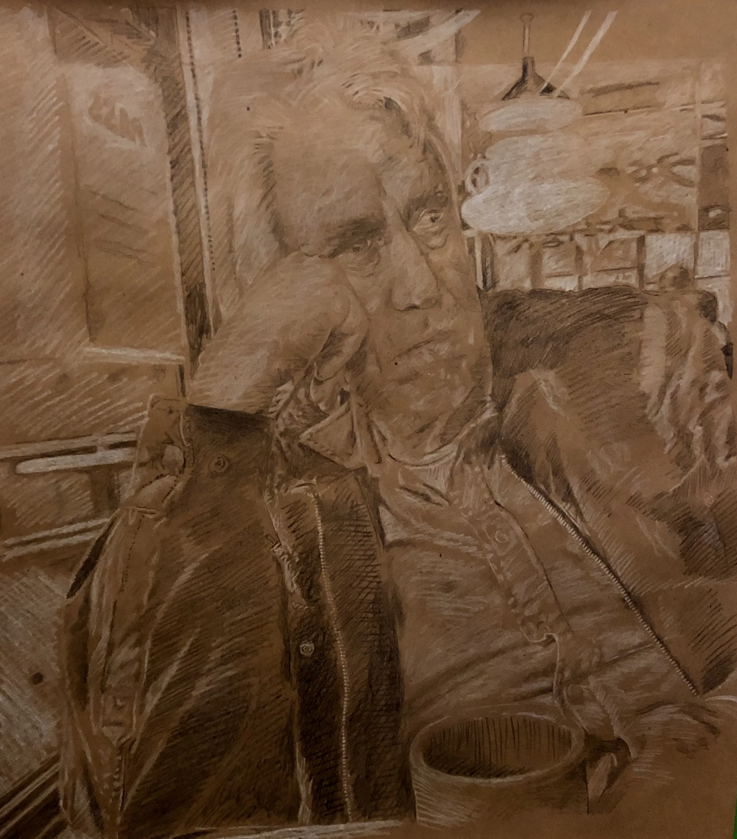 Title: Portrait of Jerry Tomlinson at Le Croissant, San Rafael Media: Prismacolor pencils Size: 36” x 36” Collection of the artist