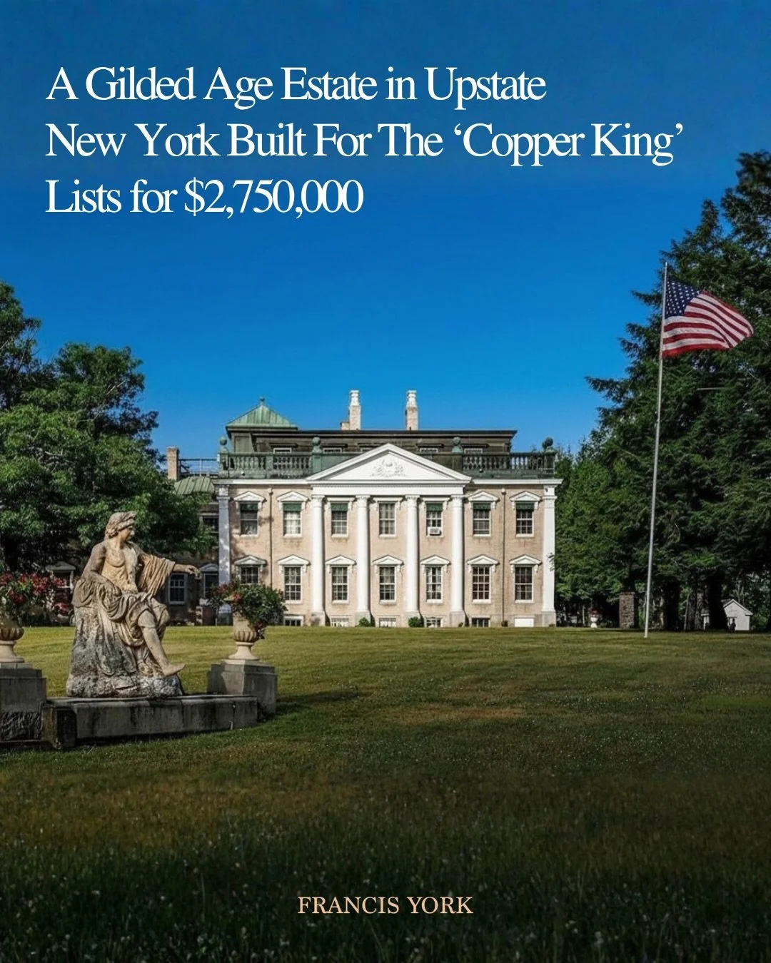 🇺🇸A Gilded Age mansion built for a copper baron in the Catskills is on the market with @fourseasonssir_ny for $2,750,000 (~&euro;2.55M). 

Set on 38.8 acres / 15.7 ha, the estate spans 24,692 sq ft / 2,294 m&sup2; and includes 16 bedrooms and 18 ba