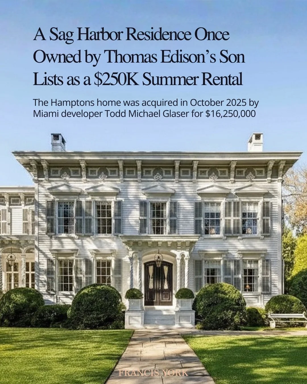 🇺🇸Listed with @bespokerealestate from $40,000 per month (~&euro;37K) to $250,000 (~&euro;230K) per month in peak season. 

A late 18th-century residence on Main Street in Sag Harbor&mdash;known as the Hannibal French House and once owned by Charles