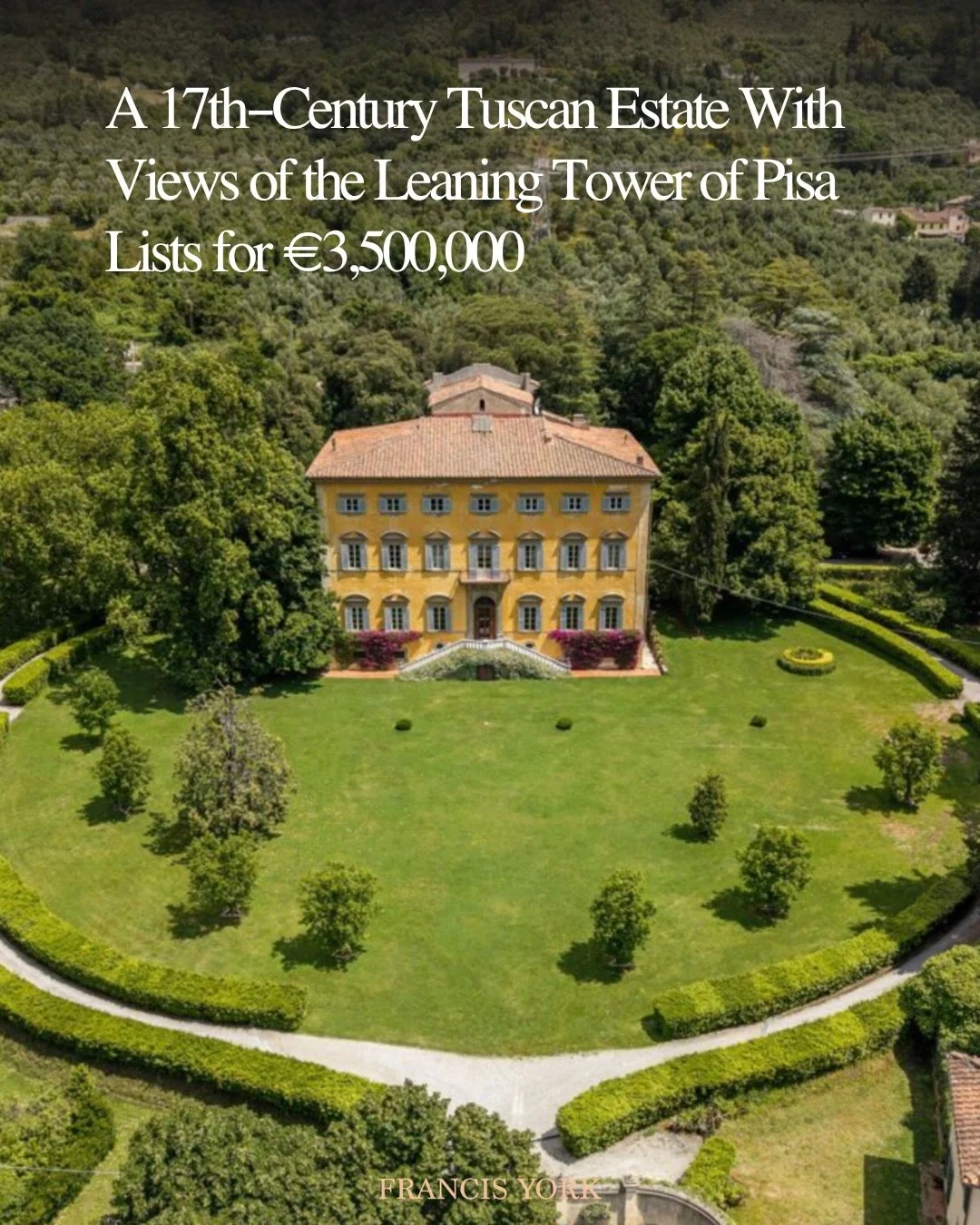 🇮🇹Listed with @serimmrealestate_knightfrank for &euro;3,500,000

Originally built as a hunting retreat, the 2,500 m&sup2; (26,910 sq ft) estate includes 19 bedrooms, extensive gardens, and views toward Piazza dei Miracoli and the Leaning Tower of P