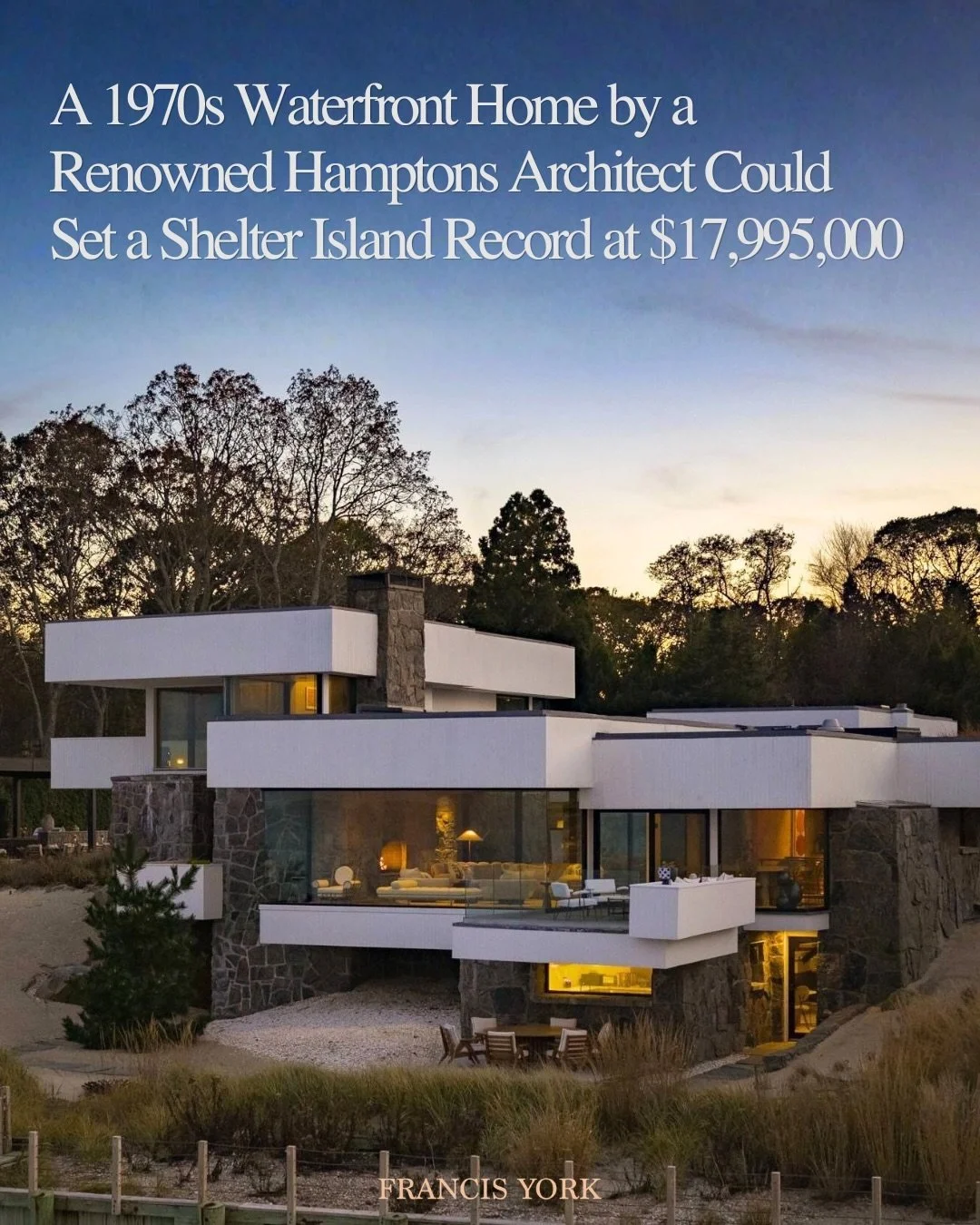 🇺🇸 Listed with @sirhamptons for $17,995,000 (~&euro;15.7M)

A Norman Jaffe-designed waterfront estate on Shelter Island has emerged as one of the most closely watched listings in the Hamptons-area market, asking just under $18 million and positioni