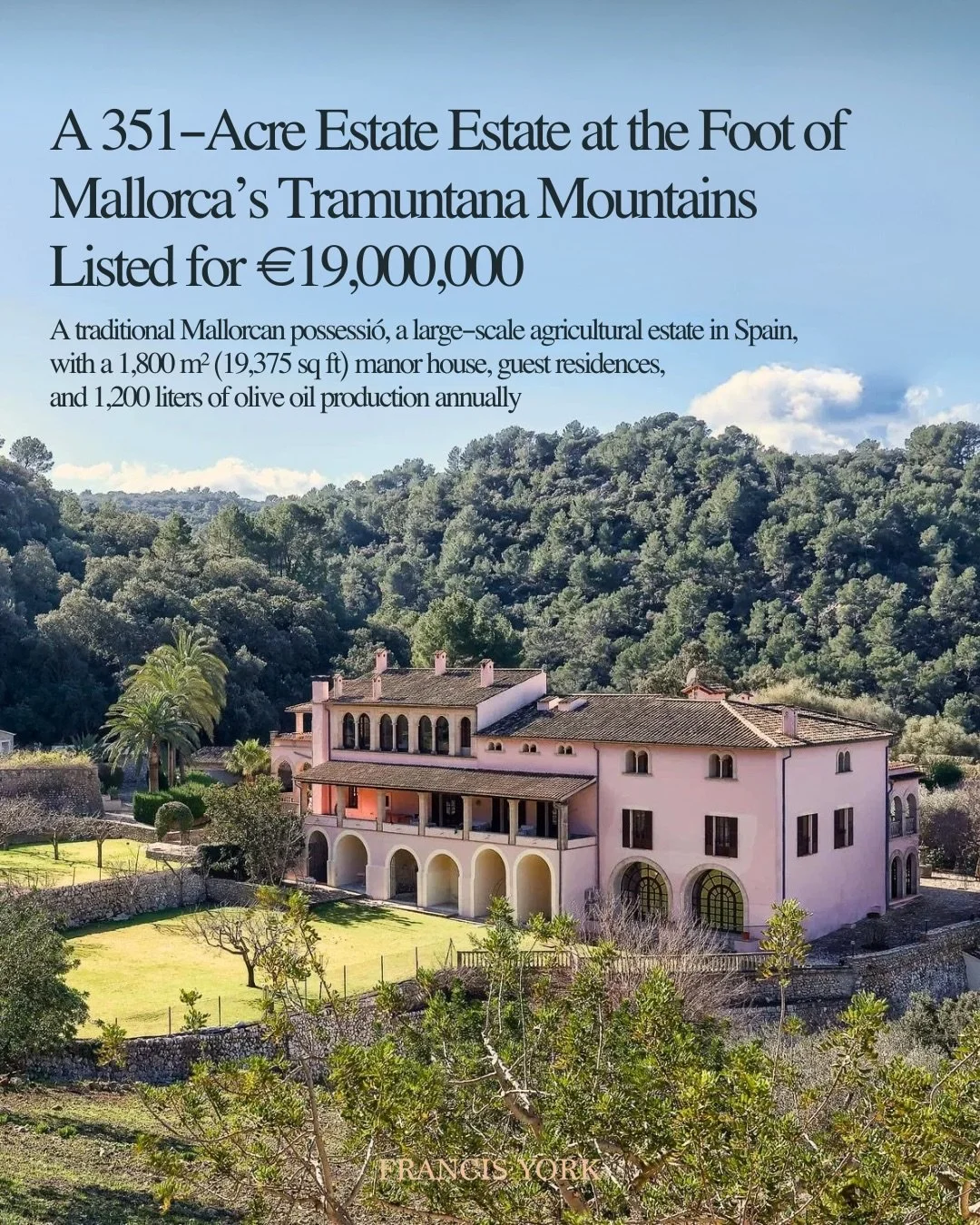 🇪🇸 Listed with @bjurfors

Located in the foothills of the Tramuntana mountains on Mallorca, near the village of Esporles.

The property is a traditional Mallorcan possessi&oacute;, a large-scale agricultural estate with a 1,800 m&sup2; (19,375 sq f