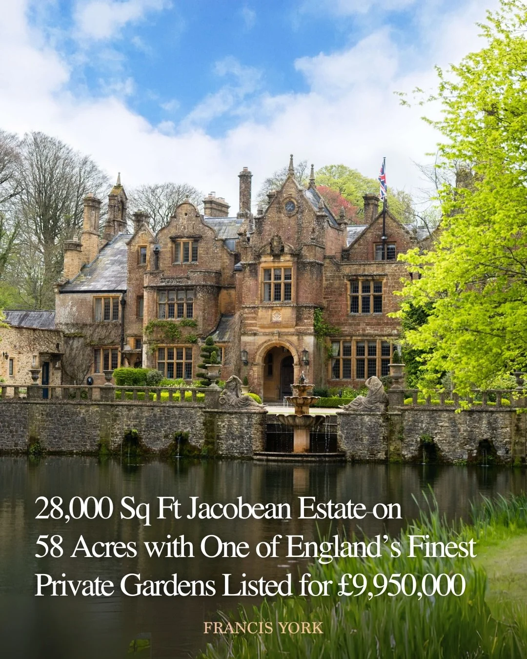 🇬🇧 Listed with @bluebook.agency for &pound;9.95M (&euro;11.4M / $14.2M)

A Grade II-listed Jacobean Revival estate set across 58 acres in Dorset, centred around a historic water garden designed in 1895 and fed by the source of the River Parrett.

O