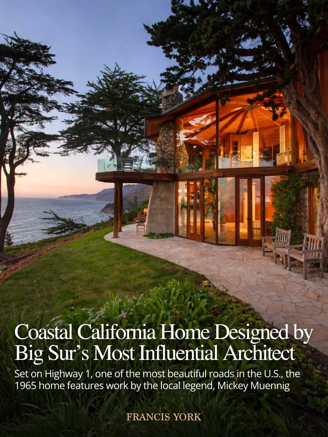 🇺🇸 Listed with Michael Gilson of Coldwell Banker Realty for $7,850,000 / ~&euro;6,696,050
 
Set on an isolated, forested bluff above the Pacific Ocean, this coastal home was originally built in 1965, designed by architect Francis Palms, with later 