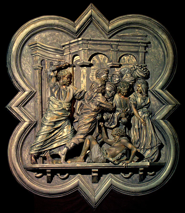 2017 bronze sculpture "Expulsion of the Money Changers" with 4 live models in make up and costume, 