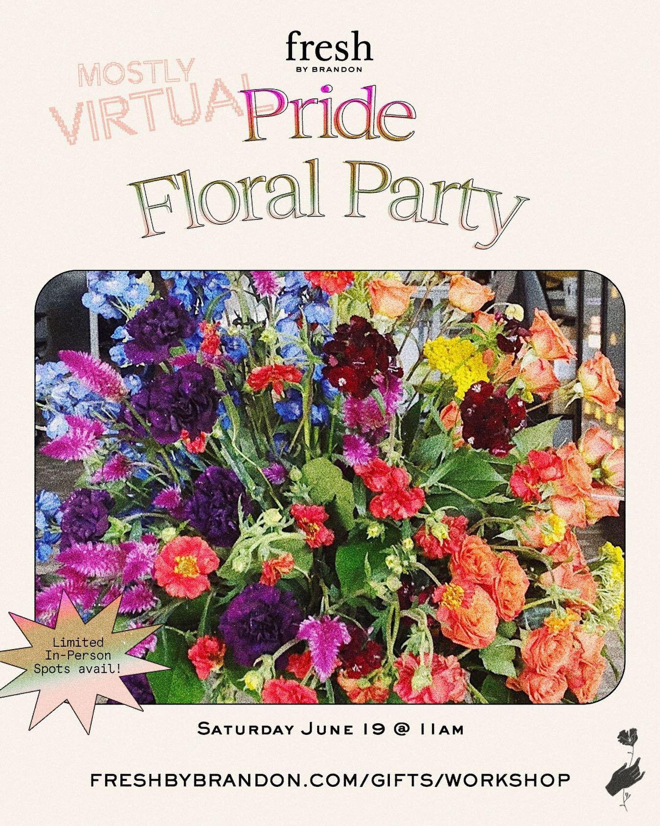 It&rsquo;s #pridemonth 🏳️&zwj;🌈💐 Join me for a fabulous morning of Pride and fresh flowers! Music! Drinks! And the spreading of the gay agenda! This workshop has everything!
.
Available with everything you need delivered to your door for those of 