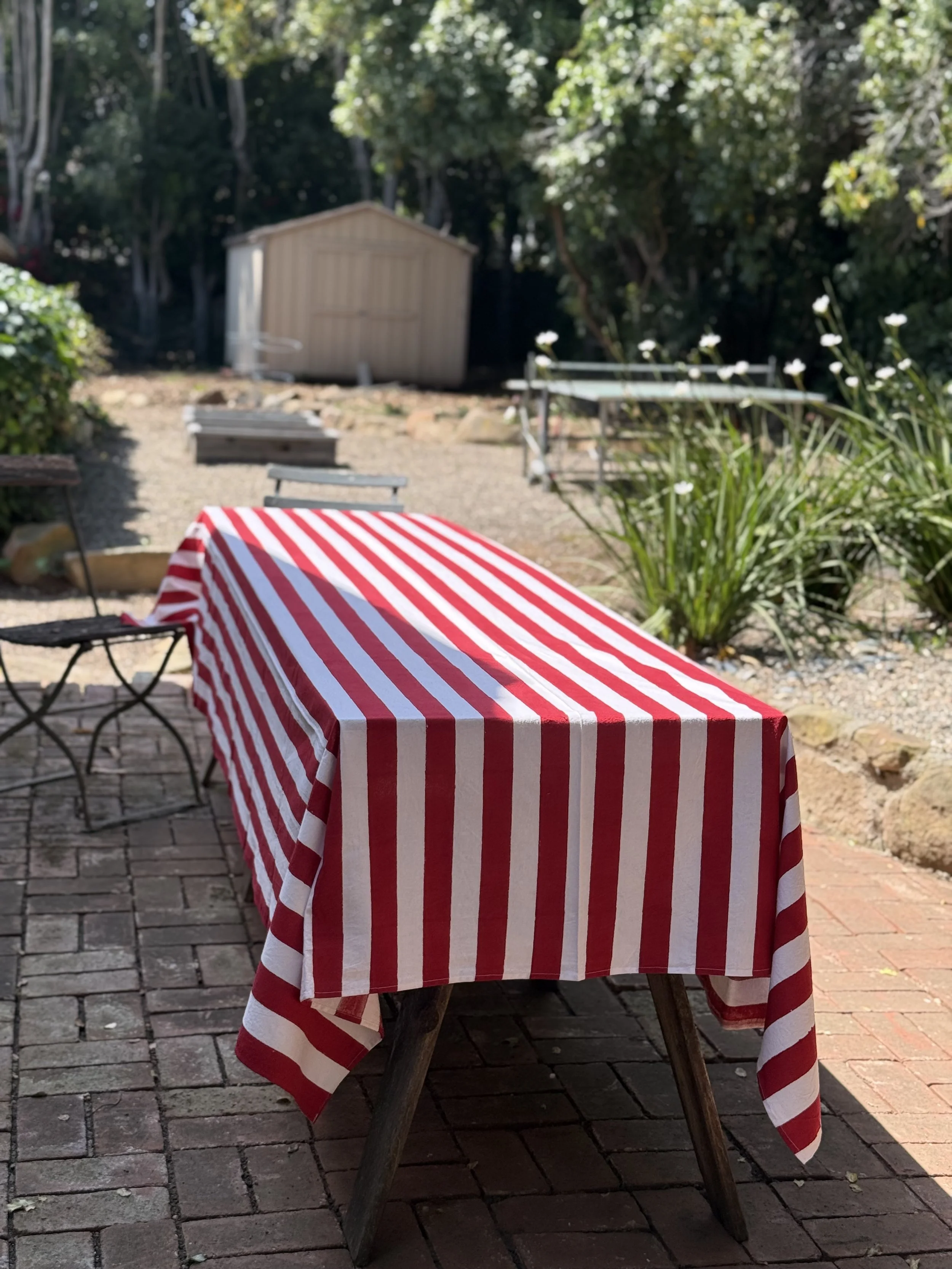 red & white stripe blockprinted tablecloth