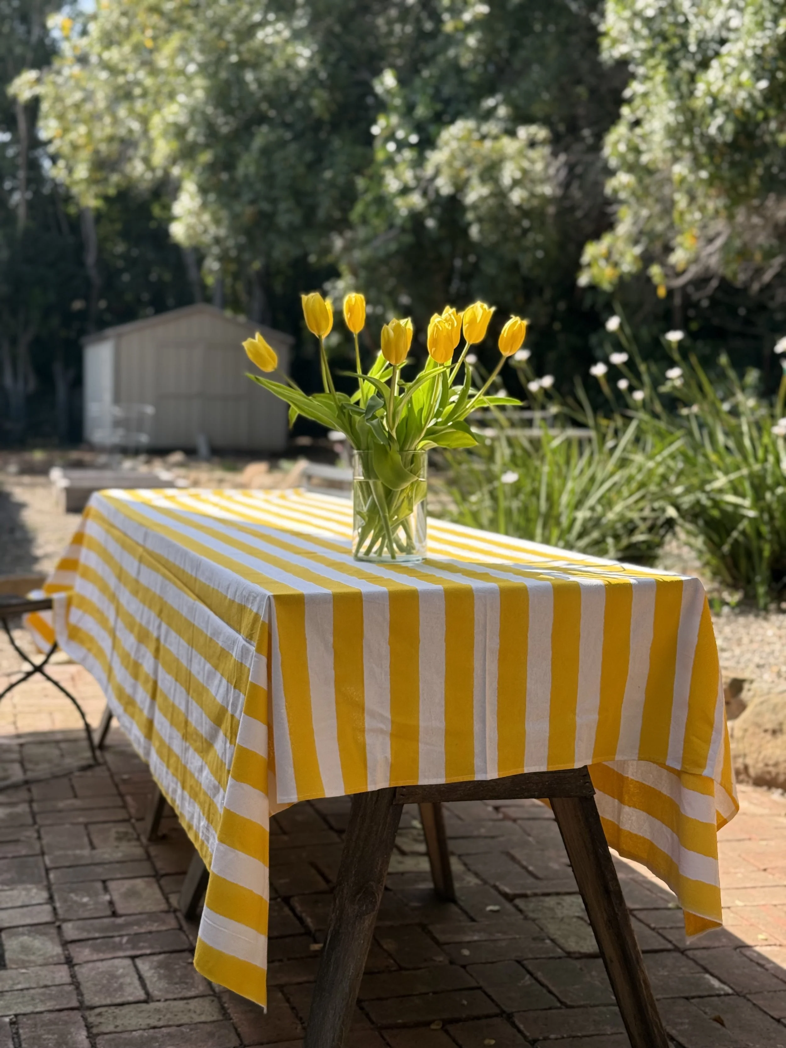 yellow striped blockprinted tablecloth